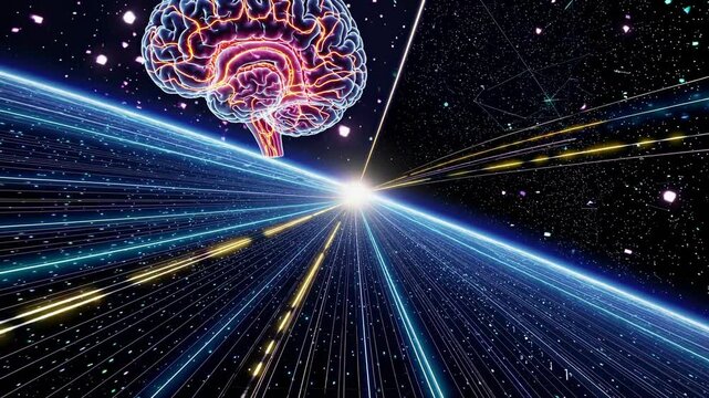 Luminous light trails crisscrossing cosmic darkness, revealing glowing brain embodying knowledge, innovation, and interconnected intelligence across universal expanse