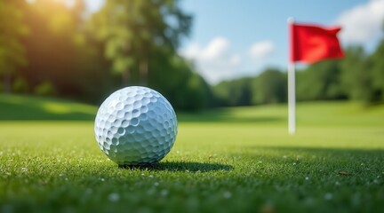 Obraz premium A close-up of a golf ball on lush green grass, with a red flag marking the hole in the background under a bright, sunny sky.