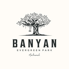 elegant banyan line art logo vector minimalist illustration design, banyan tree with hanging roots and a swing logo design