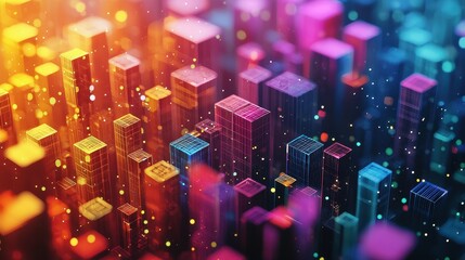 Vibrant abstract cityscape with colorful digital buildings and sparkling lights.