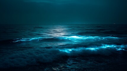 Bioluminescent waves glow electric blue under night sky, a mystical marine wonder