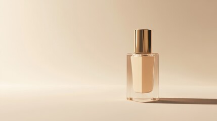 Stylish liquid foundation with smooth texture on neutral background and ample copy space for product description.A clear glass bottle filled with liquid foundation sits elegantly against a neutral