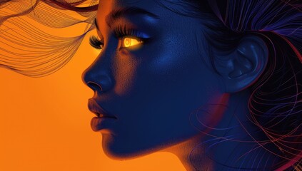 A woman's face in profile, her hair blowing gently in the breeze, with one line drawn to highlight its shape and outline. 