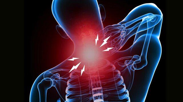 Illustration of a man with strong pain in neck. Shoulder pain is pain that occurs in the shoulder area. Cervicalgia or neck muscle pain.