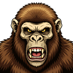 Angry Gorilla Face Cartoon, Yellow Eyes, Fangs, Transparent Background