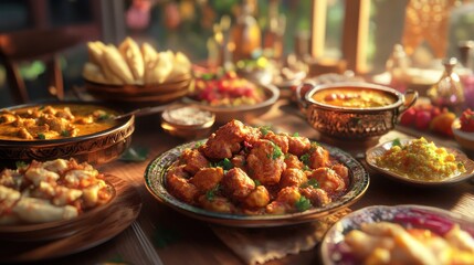 Fototapeta premium indian food feast with chicken tikka masala curry, tandoori chicken and appetizers
