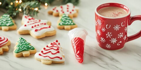 A holiday-themed scene with decorated Christmas cookies, a piping bag filled with red icing, and a cozy cup of hot cocoa