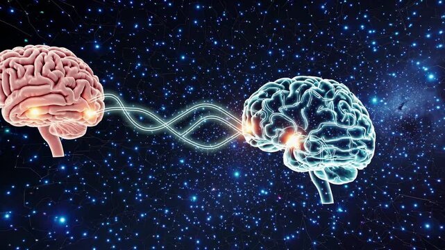 Neural networks glowing and pulsing, sharing knowledge through luminous energy waves against starry cosmic background, symbolizing interconnected intelligence and mental communication