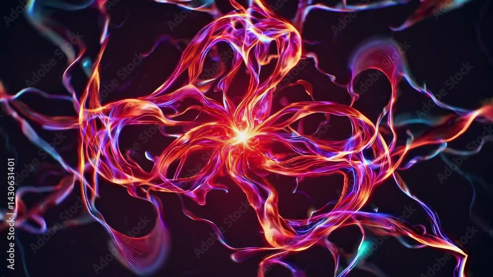 Poster colorful plasma trails intertwine and pulsate, creating a mesmerizing abstract flower shape against 