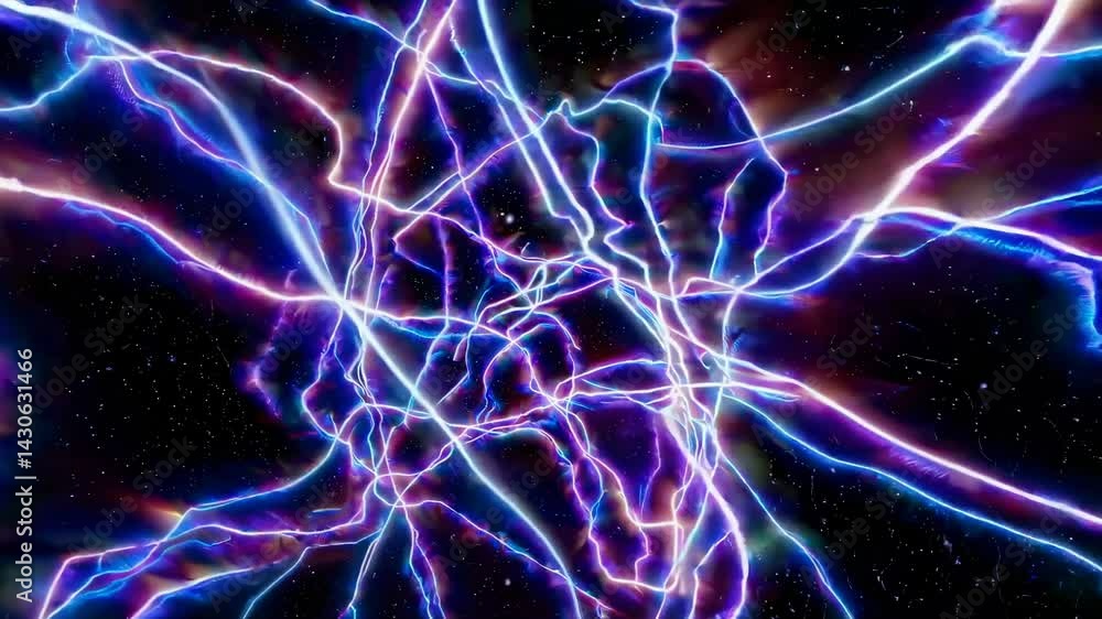 Poster luminescent purple and blue electric currents streaming dynamically through spacetime, generating me