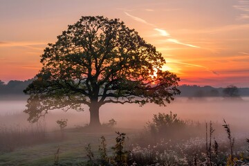 Naklejka premium Majestic oak tree silhouetted against a vibrant sunrise through a tranquil morning mist.