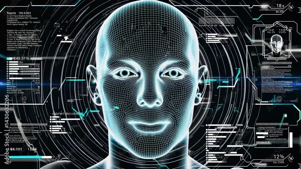 Poster artificial intelligence performs facial recognition on a 3d model of a human head, with data analysi