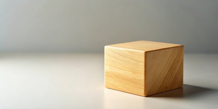 A wooden cube block with a subtle texture and warm tone, on a plain background, conveying a sense of modern simplicity and eco-friendliness, minimalist design, eco-friendly material