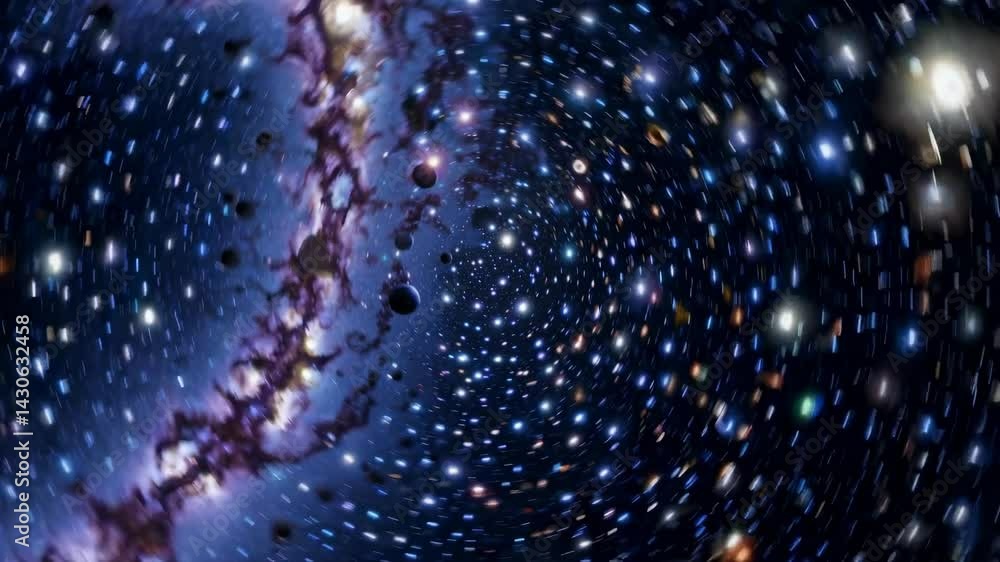Poster cosmic nebulae and planets swirling dynamically around galactic center, revealing mesmerizing inters
