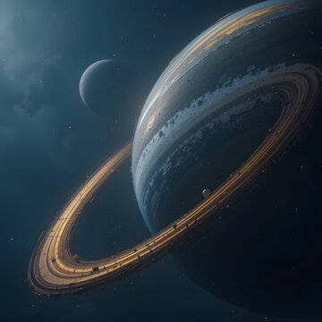 giant planet with golden ring arching across a deep blue sky space