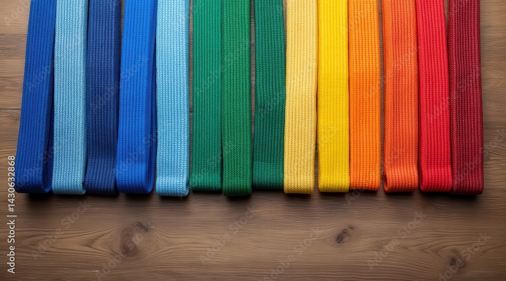 Poster A vibrant array of colorful ribbons arranged horizontally on a wooden surface, showcasing various hues from blue to red.