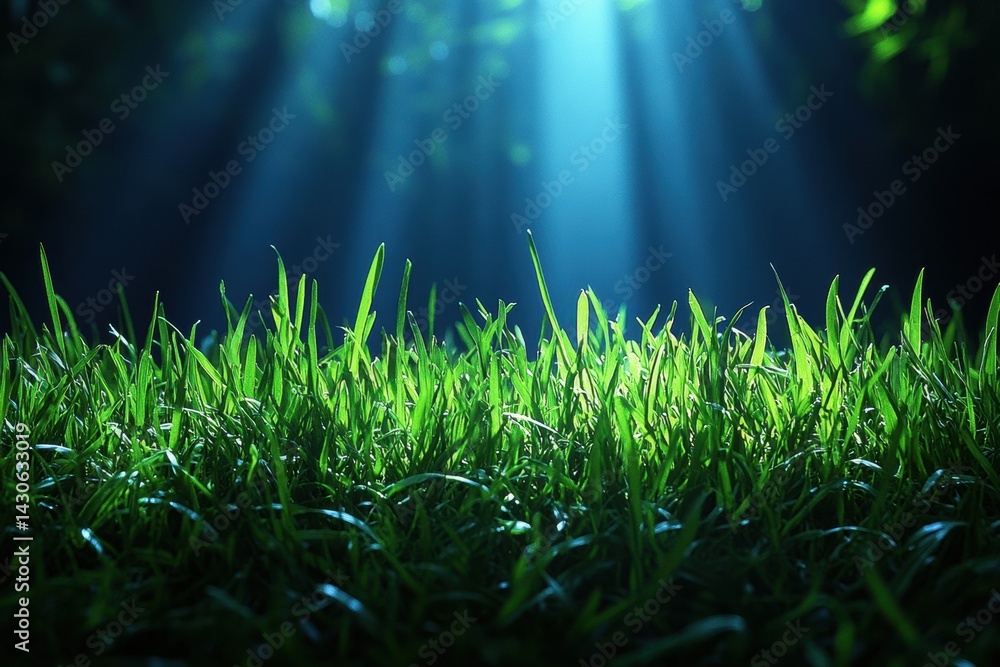 Poster vibrant green grass illuminated by soft sunlight in a tranquil spring setting with plenty of space f