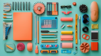 Colorful desk accessories arranged neatly on a vibrant teal background.