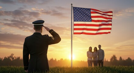 Soldier Saluting National Flag at Sunset with Family