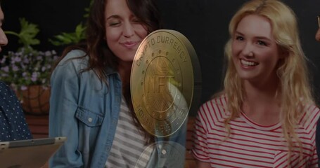 Three friends exploring blockchain finance on tablet in studio, showing golden NFT coin overlay - Powered by Adobe