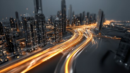 Naklejka premium Digital technology plan for company growth. Luminous lines in a cityscape background symbolize the movement of data. Generative Ai