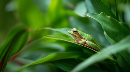 Tree frog resting on a vibrant leaf, bathed in soft sunlight - nature's delicate balance in a hidden world