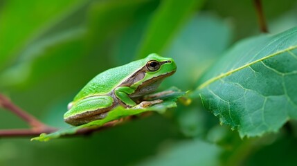 Obraz premium Tree frog resting on a vibrant leaf, bathed in soft sunlight - nature's delicate balance in a hidden world
