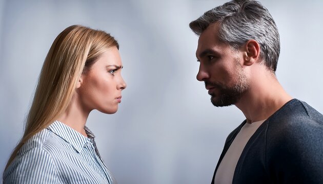 a couple looks like they are holding back their anger and are in a tense situation as if there has been an argument