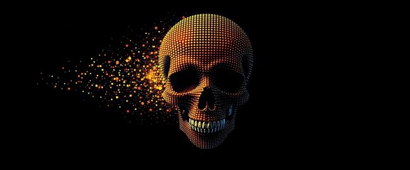 Abstract dark vector halftone skull dissolving into dots; futuristic glitch effect, copy space, digital art,  empty background