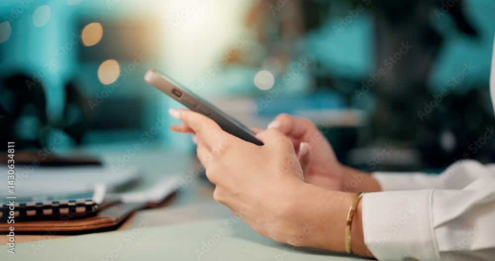Aufkleber hands, business and woman with smartphone, night and typing with email for banking update. closeup, 