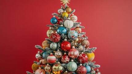 Vibrant Christmas tree adorned with colorful ornaments