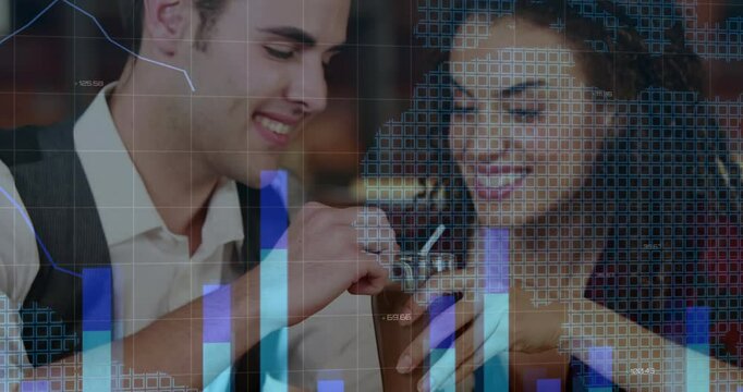 Romantic couple sipping tall glass with dual straws in cafe with floating finance data charts - Powered by Adobe