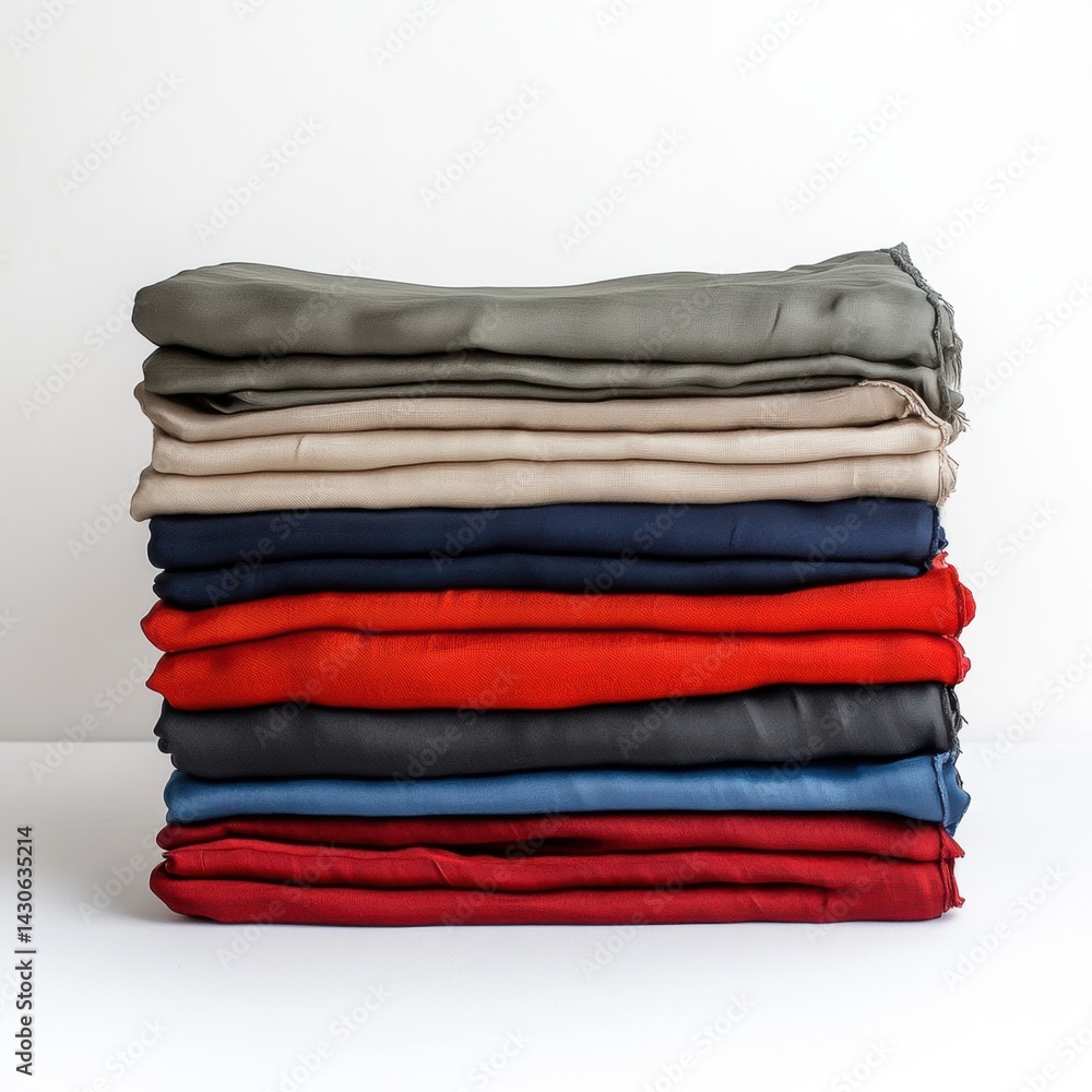 Poster neatly arranged stack of silky linens at a 45-degree angle on a white background showcasing elegant 