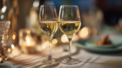Two wine glasses with white wine on an elegant table; a moment of refined relaxation and simple luxury.