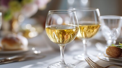 Two wine glasses with white wine on an elegant table; a moment of refined relaxation and simple luxury.