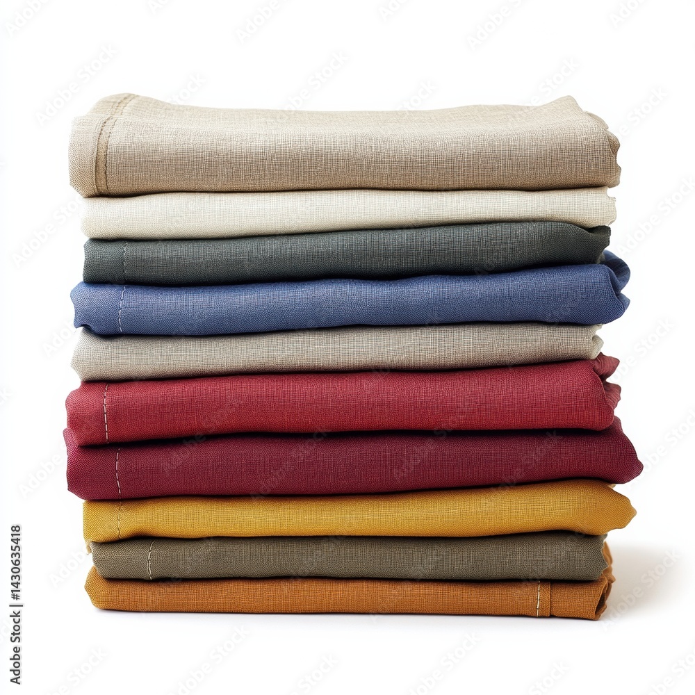 Poster neatly arranged stack of ironed silk linen fabrics in various colors set at an angle against a white