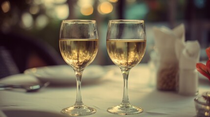 Two wine glasses with white wine on an elegant table; a moment of refined relaxation and simple luxury.