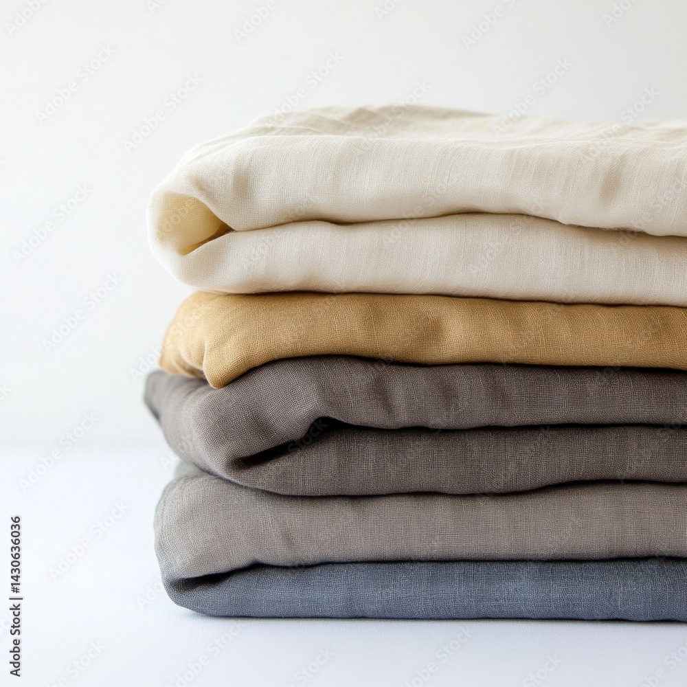 Poster neatly folded silk linen stack arranged at an angle on a white background showcasing various colors 