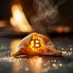 Fortune Cookie Cracked Open with Glowing Bitcoin Inside &ndash; Steam Rising, Moody Restaurant Lighting, Ultra-Detailed Food Photography
