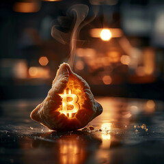 Fortune Cookie Cracked Open with Glowing Bitcoin Inside &ndash; Steam Rising, Moody Restaurant Lighting, Ultra-Detailed Food Photography