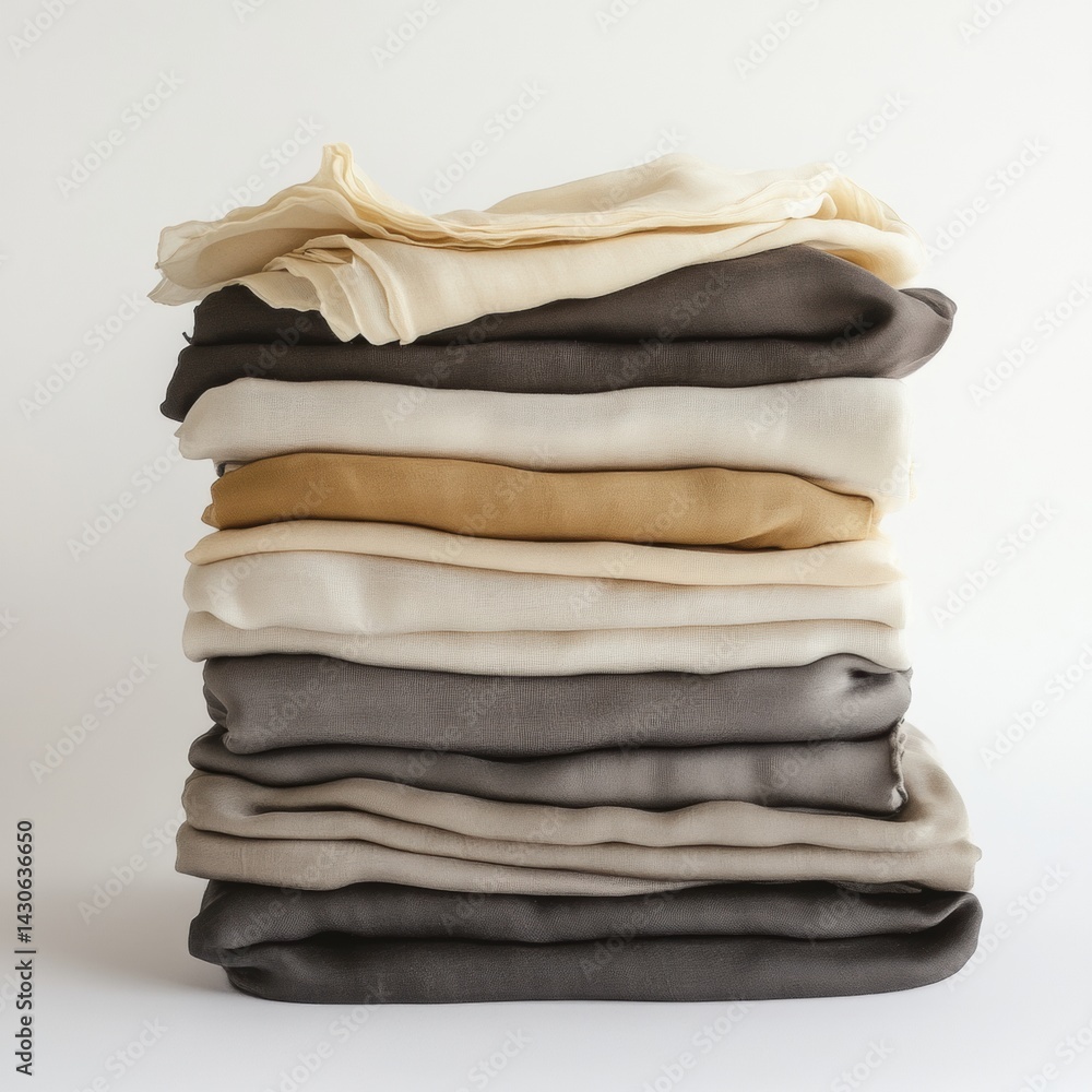Poster elegant stack of neatly folded silk linen at an angle against a clean white background showcasing te