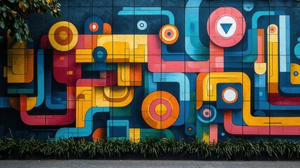 Vibrant geometric mural with colorful patterns and shapes in urban setting.