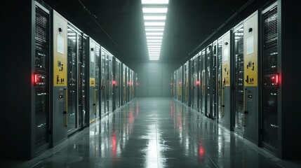 Fototapeta premium Computer racks in a dark tech server room. Critical systems are housed in a secure environment. Generative Ai