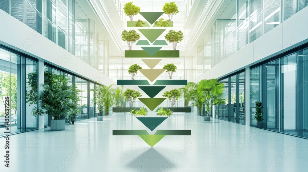 Poster digital business strategy flowchart displayed in modern office environment with greenery and natural