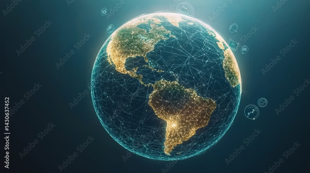 Poster global business connections digital globe with interconnected icons virtual environment modern persp