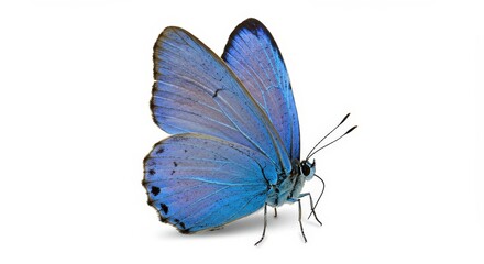 Close Up of Vibrant Blue Butterfly with Open Wings Isolated on White Background. AI generatif