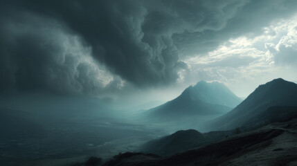 Ominous storm clouds gather above jagged mountain peaks, casting a dramatic shadow across the misty valley below, creating a scene of powerful natural beauty.
