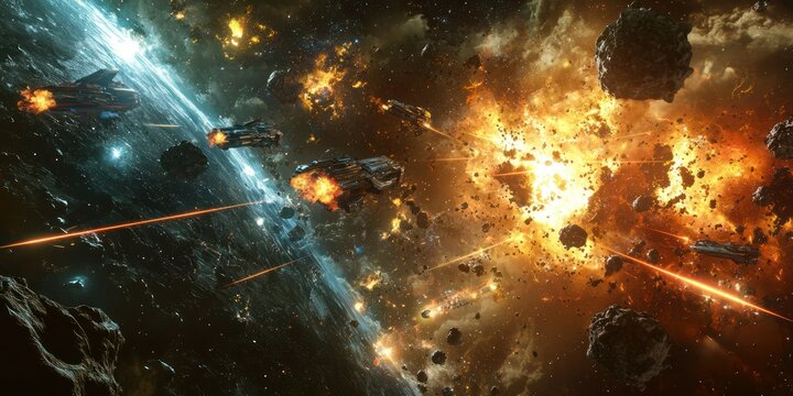 A massive space battle between intergalactic fleets, with laser beams and exploding asteroids