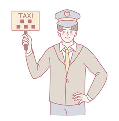 A cheerful taxi driver dressed in uniform holds a prominent TAXI sign, eagerly prepared to pick up passengers