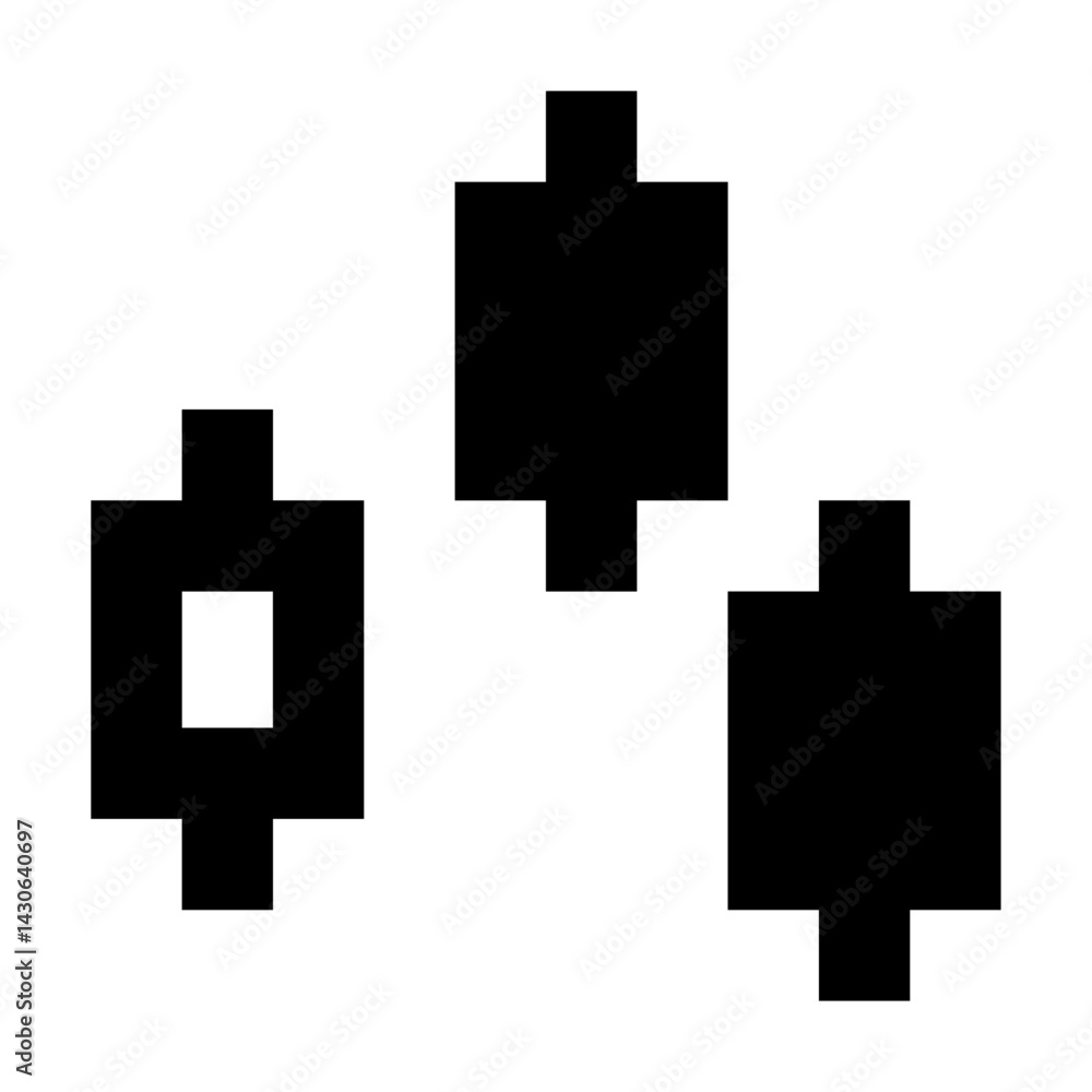 Poster three black pixelated block shapes arranged on a white background with one block having a white squa